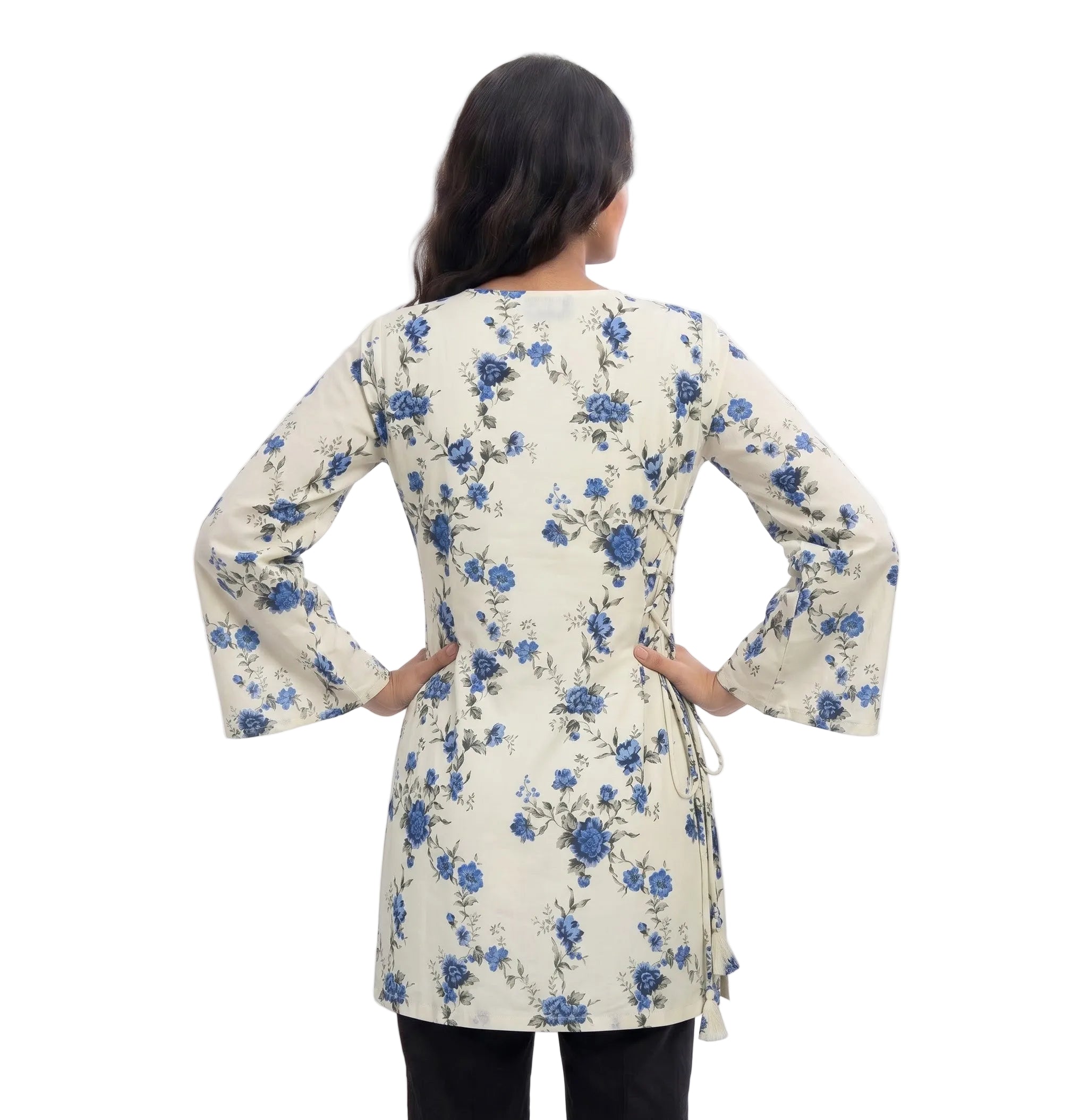 Vintage Blue Floral Print Corset-Style Short Kurta | Indo-Western Top