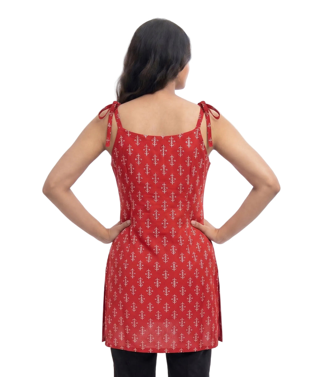 Red Ethnic Printed Strappy Short Kurti with Shoulder Tie-Up Bows
