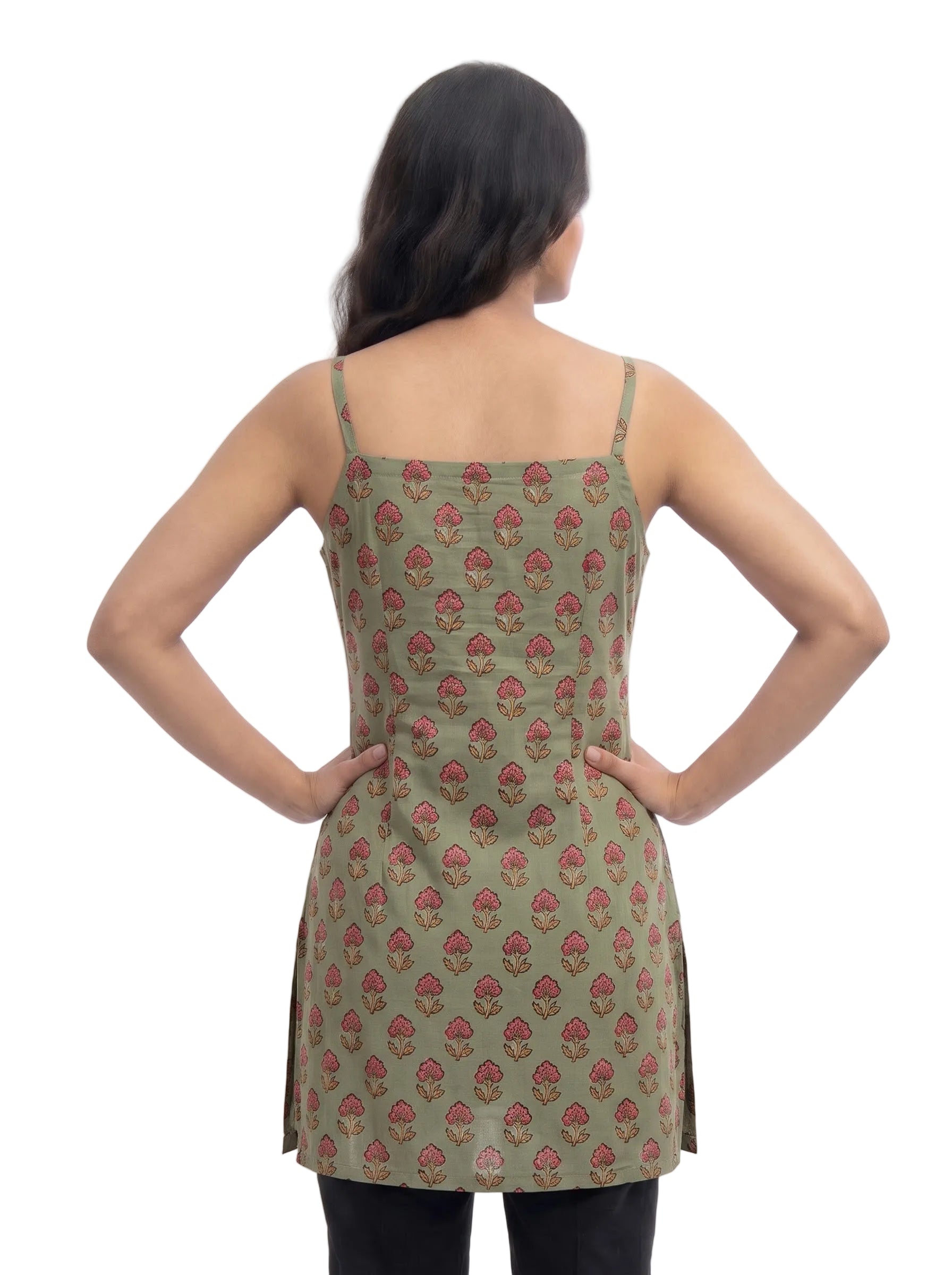 Sage Green Floral Spaghetti Strap Cotton Short Kurti Top