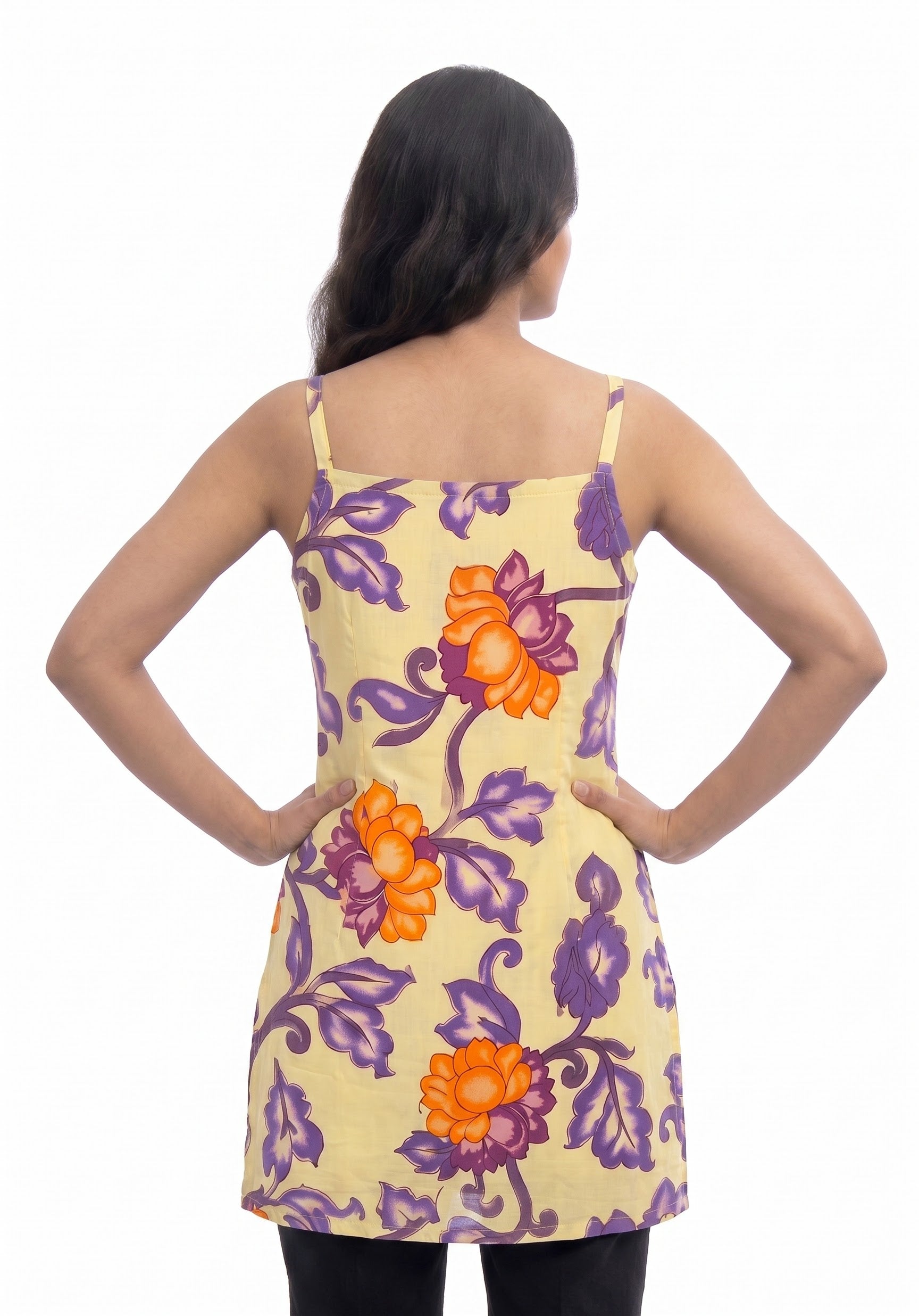 Yellow Bold Lotus Printed Sleeveless Side-Slit Short Kurti