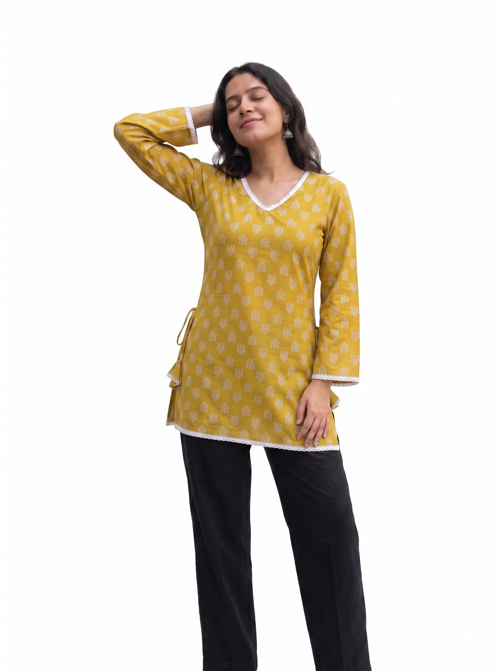 Mustard Yellow Geometric Print V-Neck Tunic with Lace-Up Corset Back