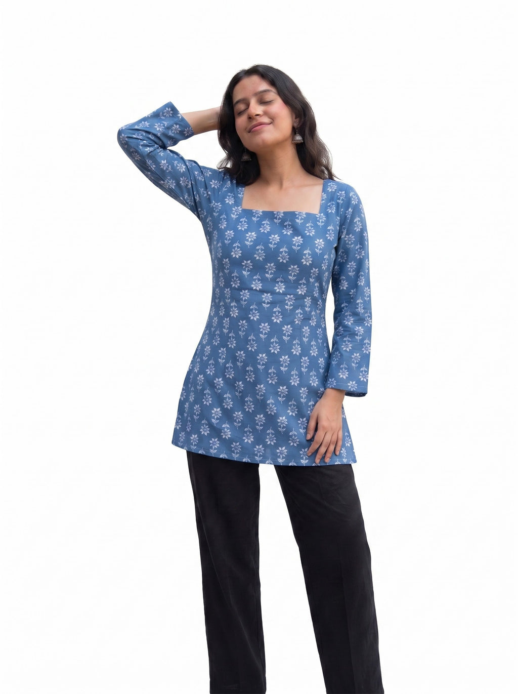 Indigo Blue Floral Print Square Neck Tunic with Lace-Up Corset Back
