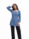 Indigo Blue Floral Print Square Neck Tunic with Lace-Up Corset Back