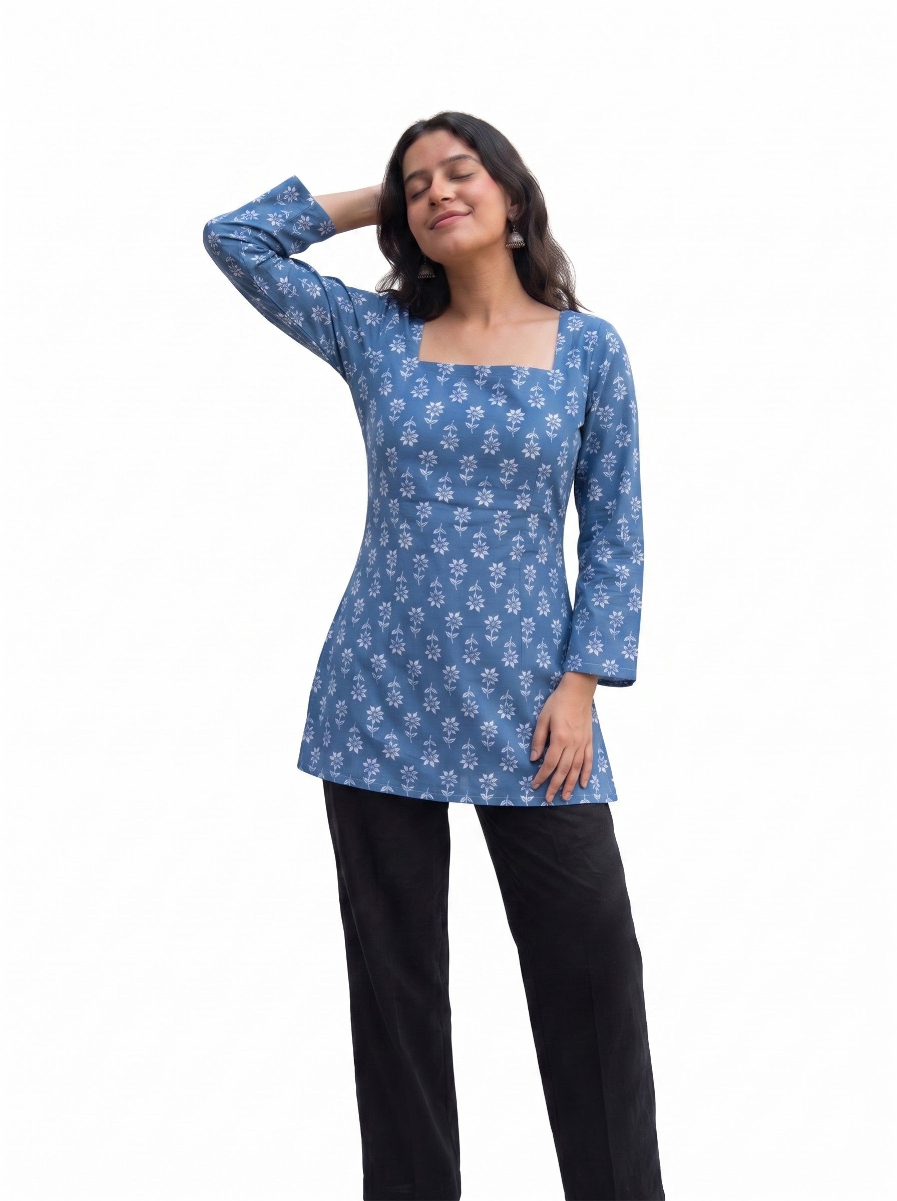 Indigo Blue Floral Print Square Neck Tunic with Lace-Up Corset Back
