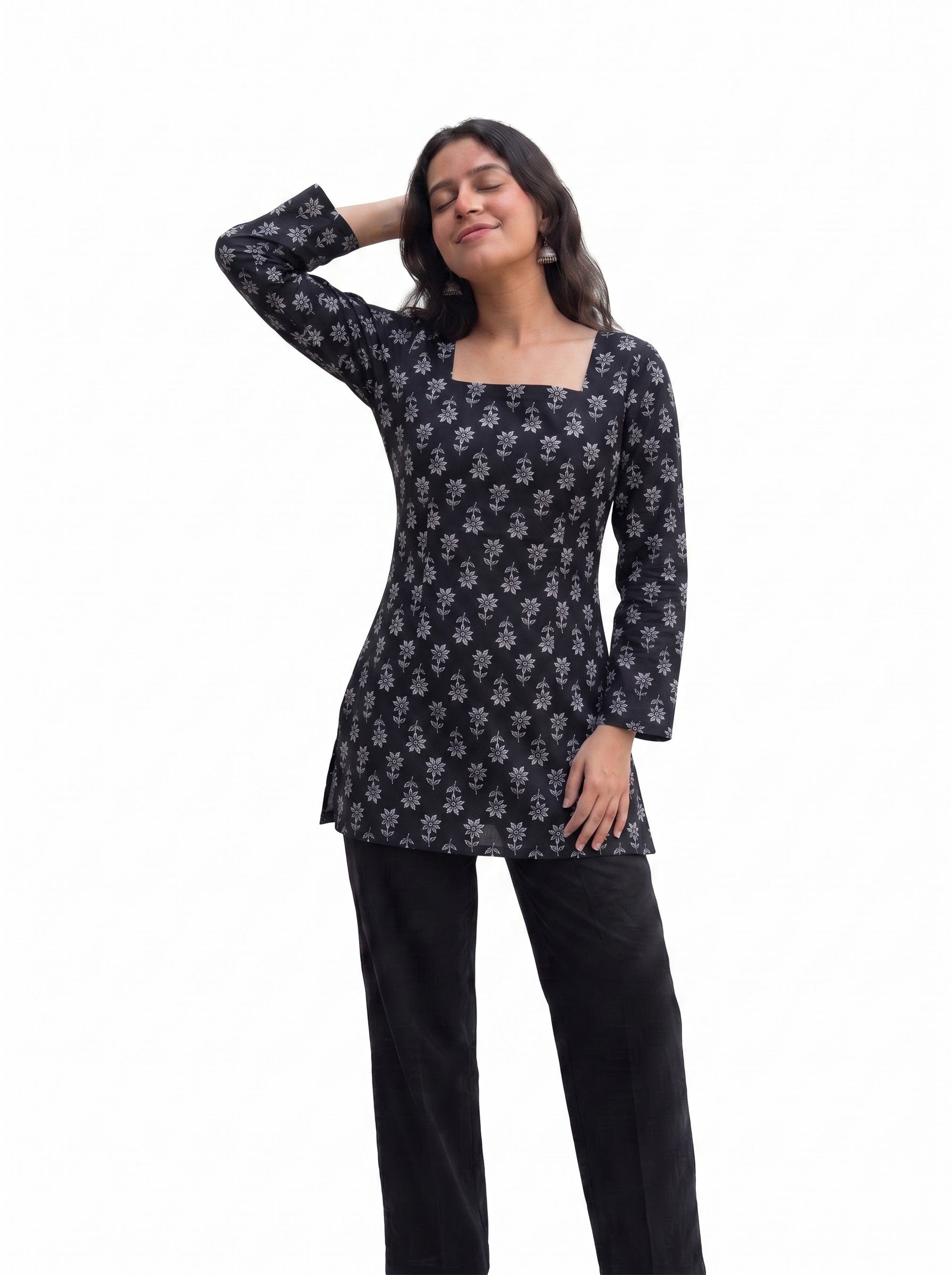 Black Floral Block Print Square Neck Tunic with Lace-Up Corset Back