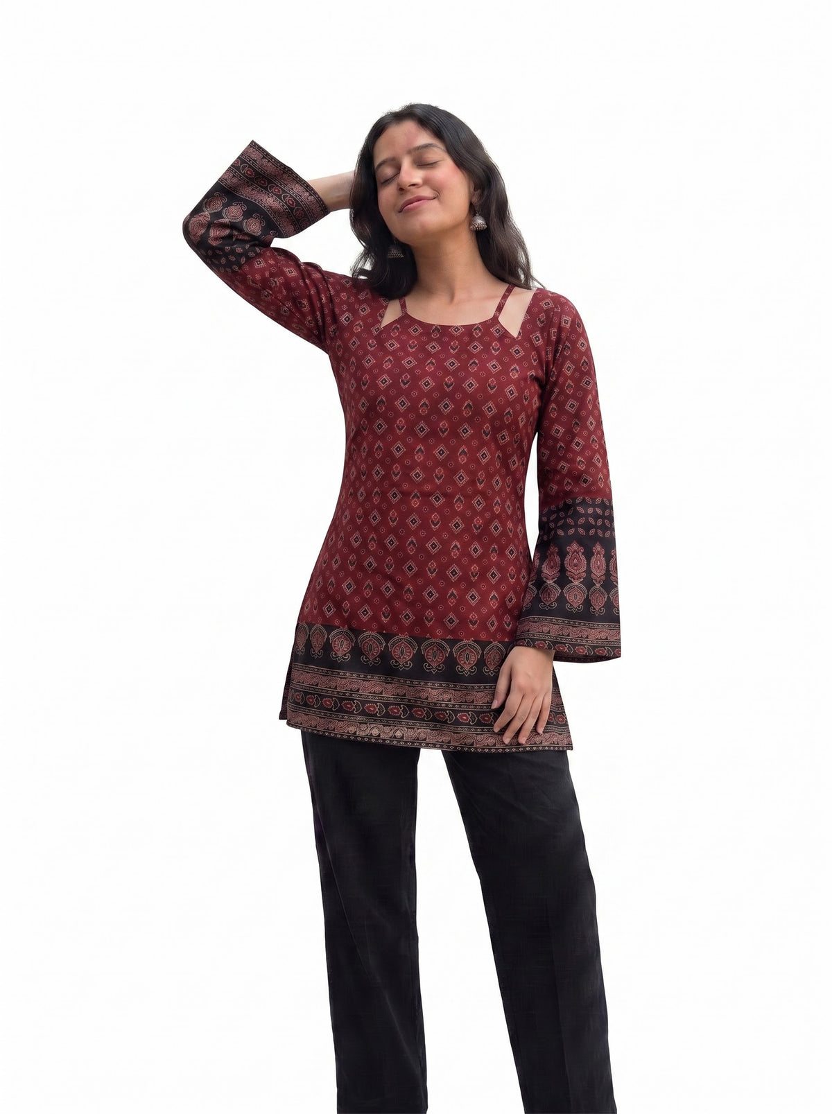 Pure Cotton Ajrakh Print Corset Back Kurti Top with Bell Sleeves