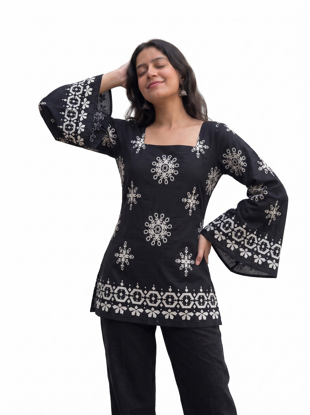 Women's Black & White Mandala Print Short Kurti Top