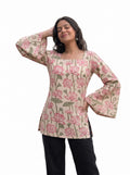 Cream & Pink Lotus Block Print Cotton Short Kurti with Square Neck & Flared Sleeves