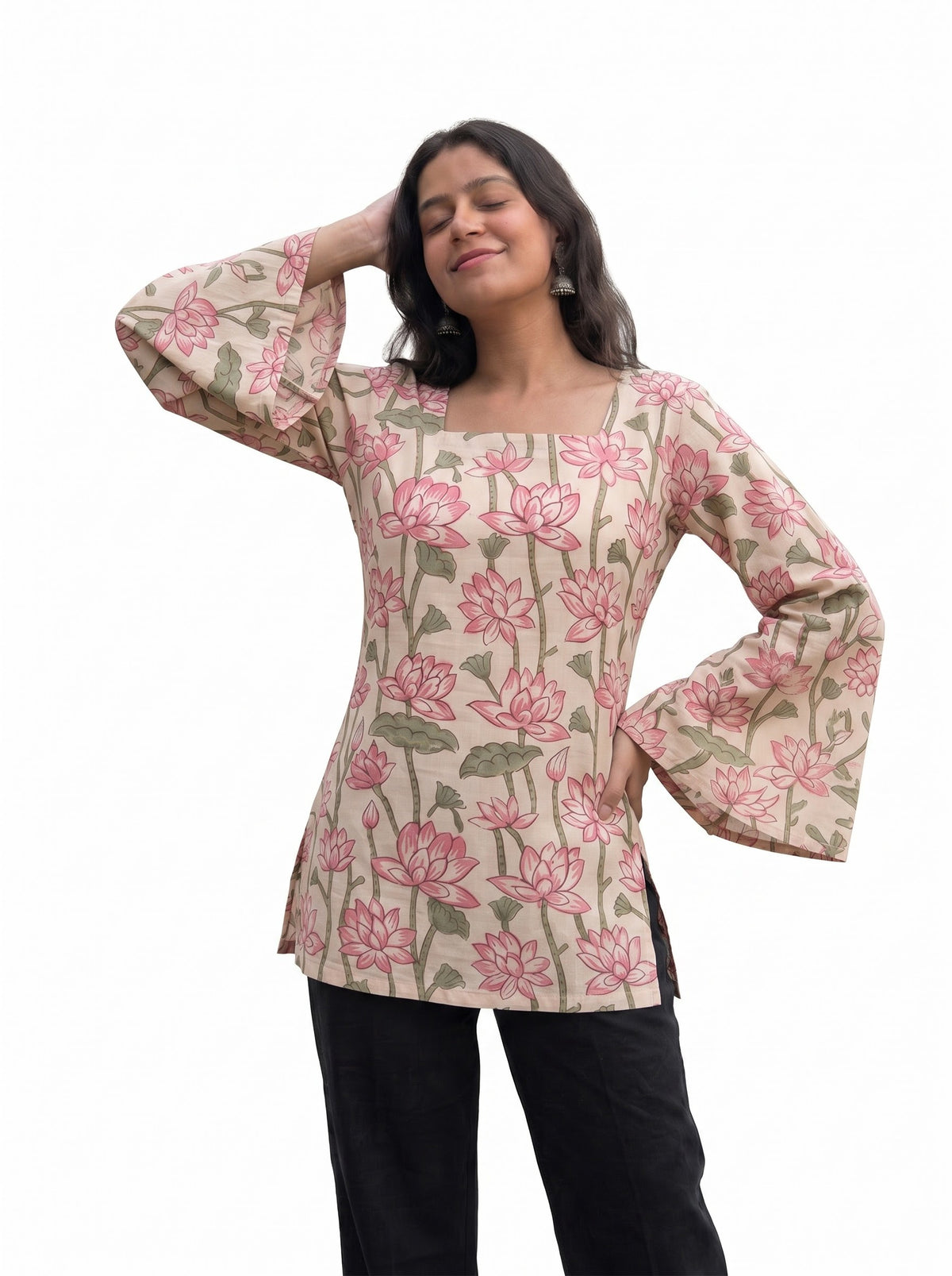 Cream & Pink Lotus Block Print Cotton Short Kurti with Square Neck & Flared Sleeves