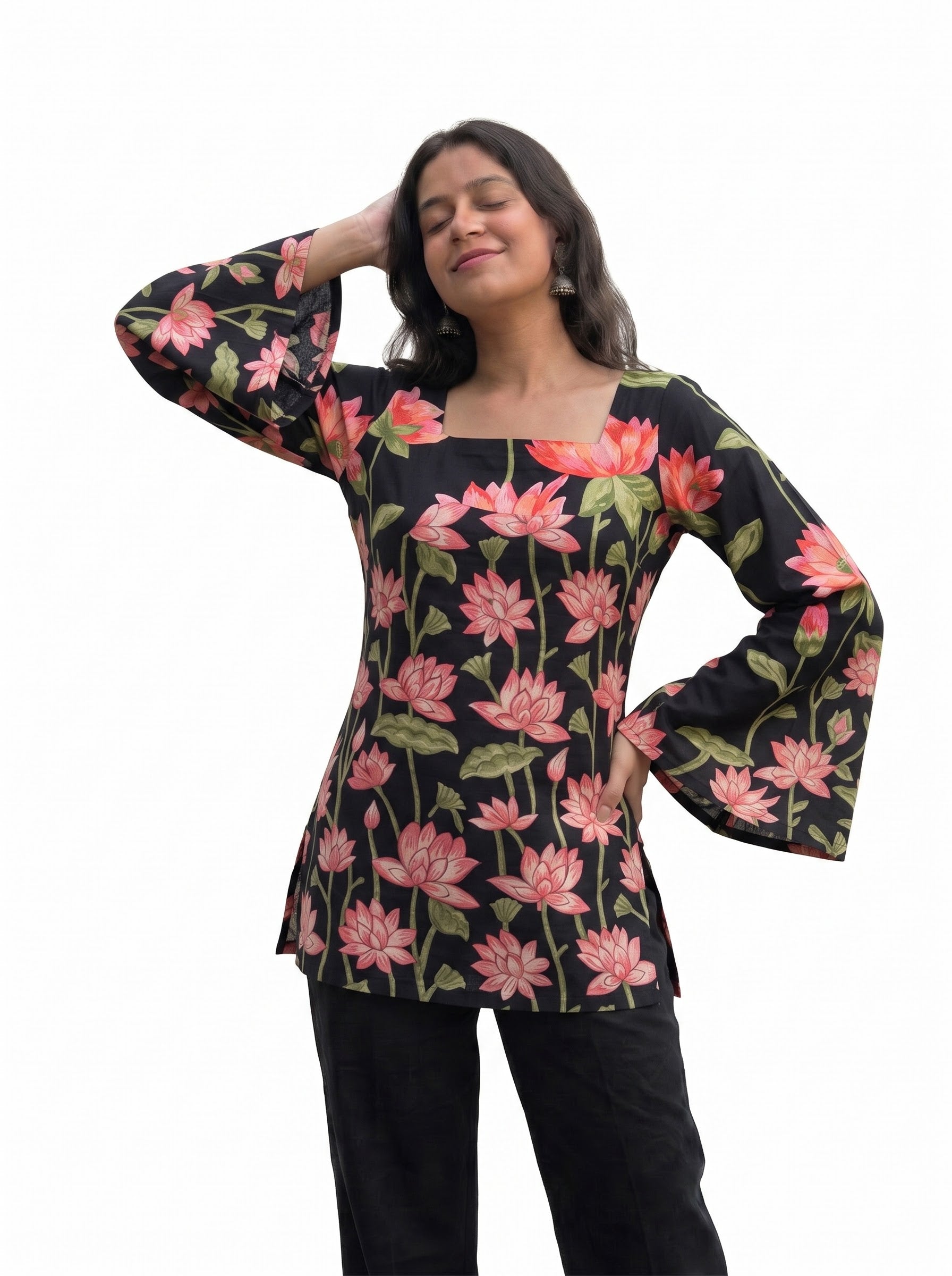Midnight Black Lotus Print Short Kurti – Indo-Western Square Neck Cotton Tunic Top