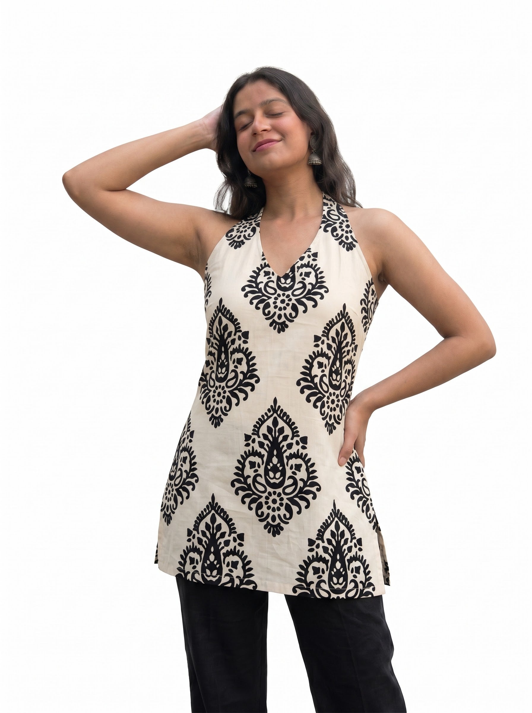 Boho Black Paisley Printed Halter Top – Beige Ethnic Fusion Short Kurti