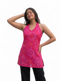 Fuchsia Pink Bandhani Tie-Up Halter Top – Boho Ethnic Fusion Short Kurti