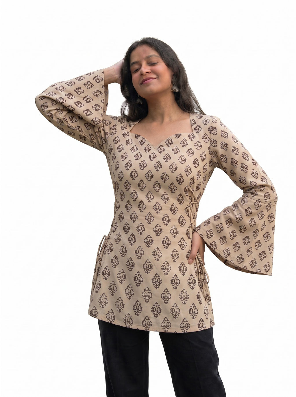 Women's Printed Sweetheart Neck Short Kurti with Side Corset Dori Details