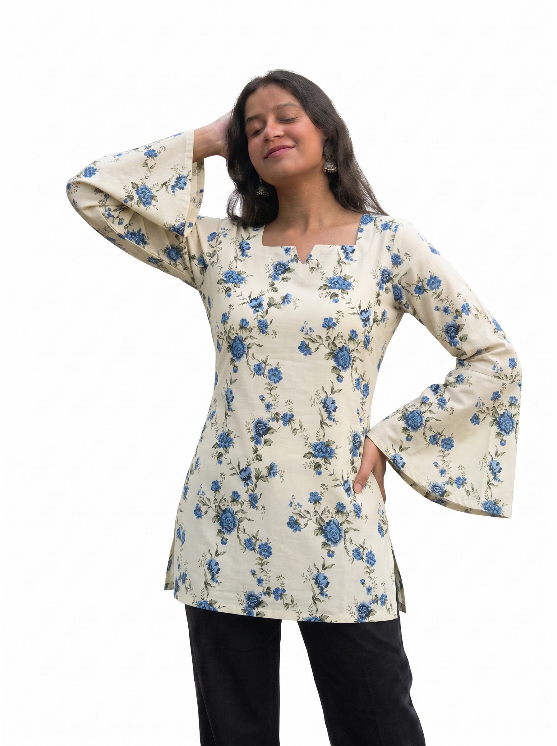 Vintage Blue Floral Print Corset-Style Short Kurta | Indo-Western Top