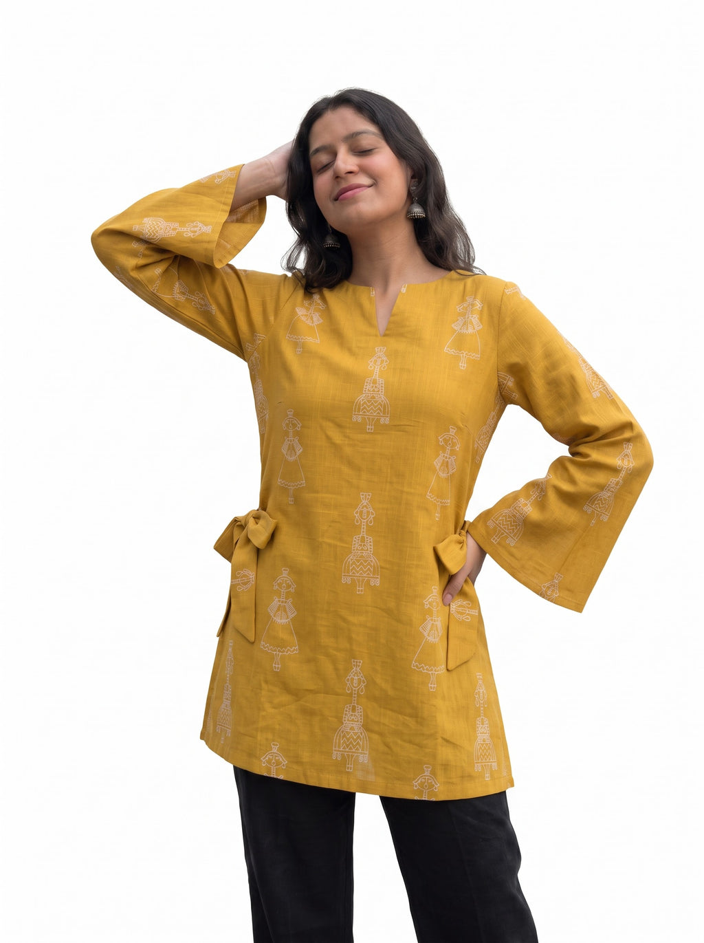 Mustard Yellow Printed Cotton Short Kurti with Bell Sleeves & Side Bow Ties