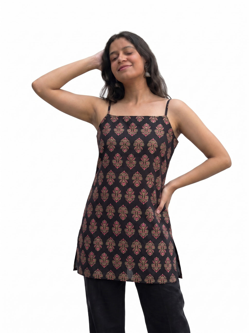 Black Block Printed Spaghetti Strap Short Kurti with Lace-Up Corset Back