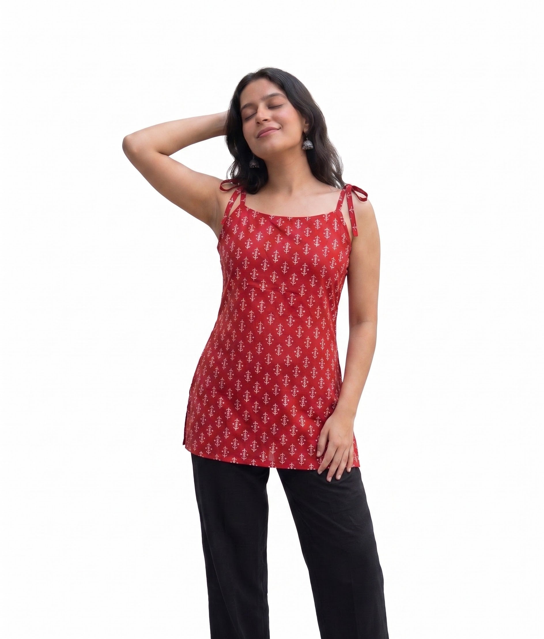 Red Ethnic Printed Strappy Short Kurti with Shoulder Tie-Up Bows
