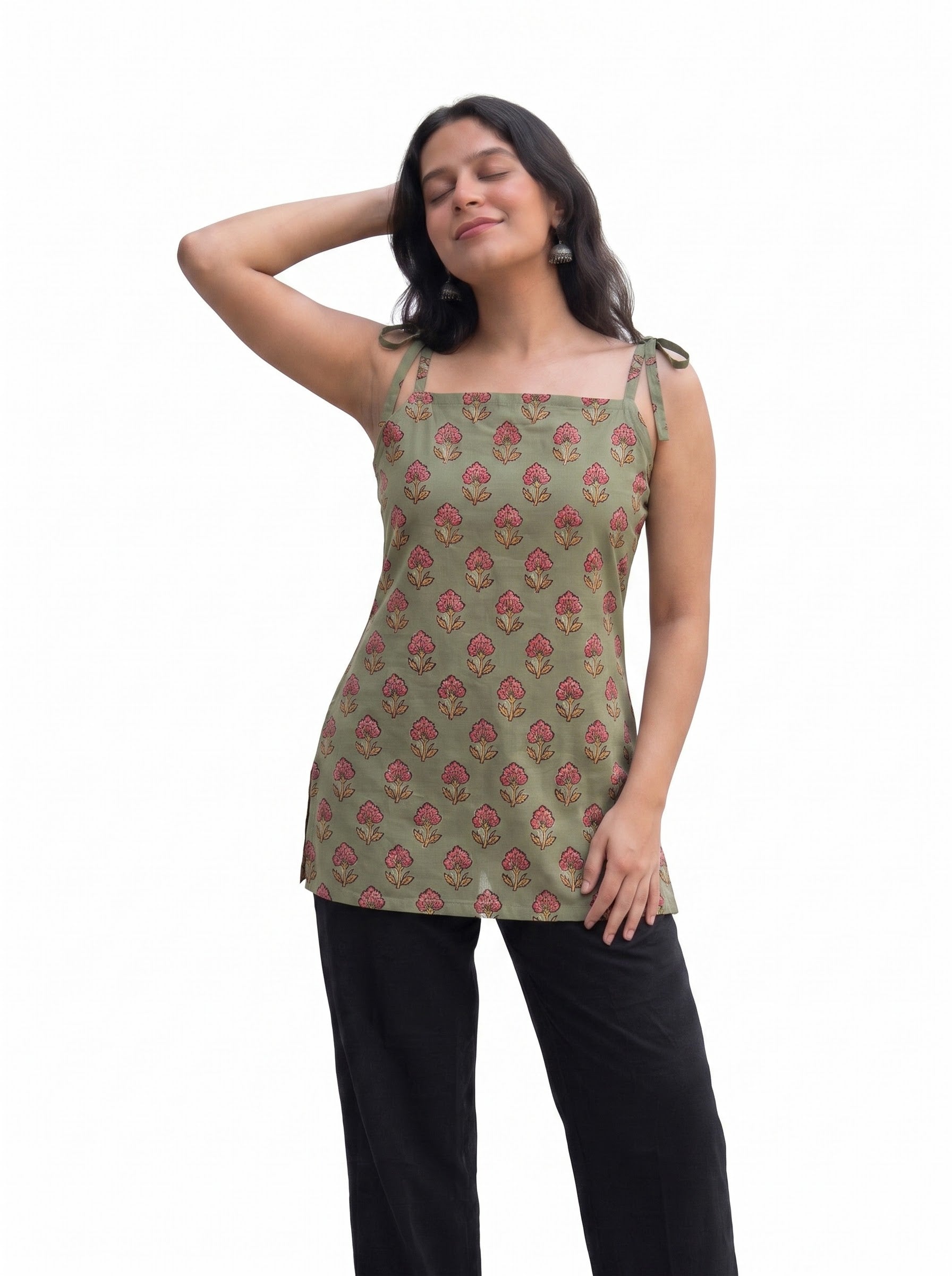 Sage Green Floral Spaghetti Strap Cotton Short Kurti Top