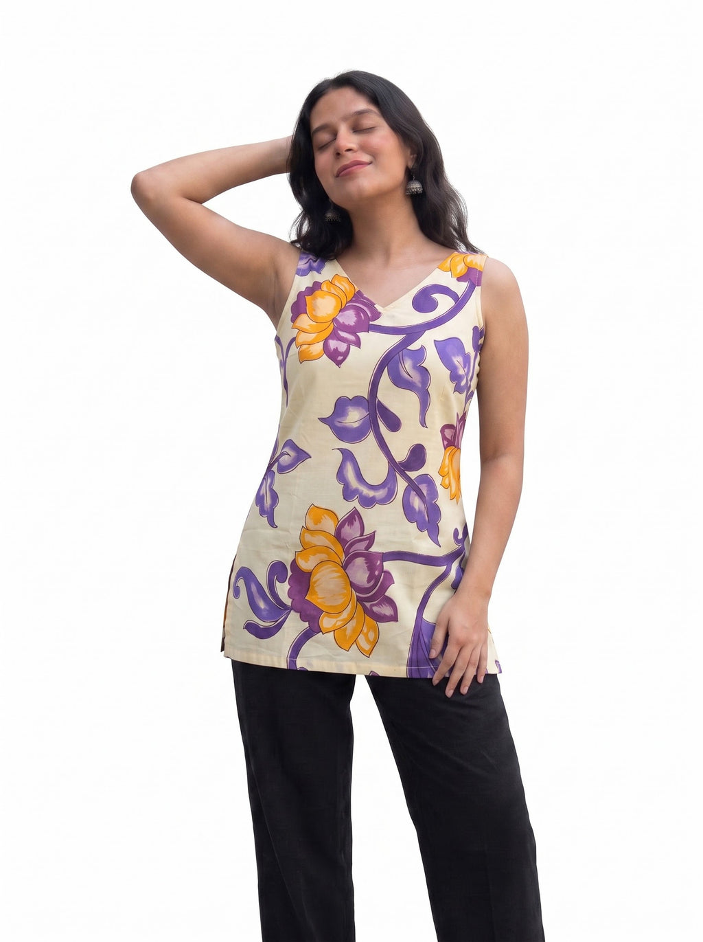 Yellow Bold Lotus Printed Sleeveless Side-Slit Short Kurti
