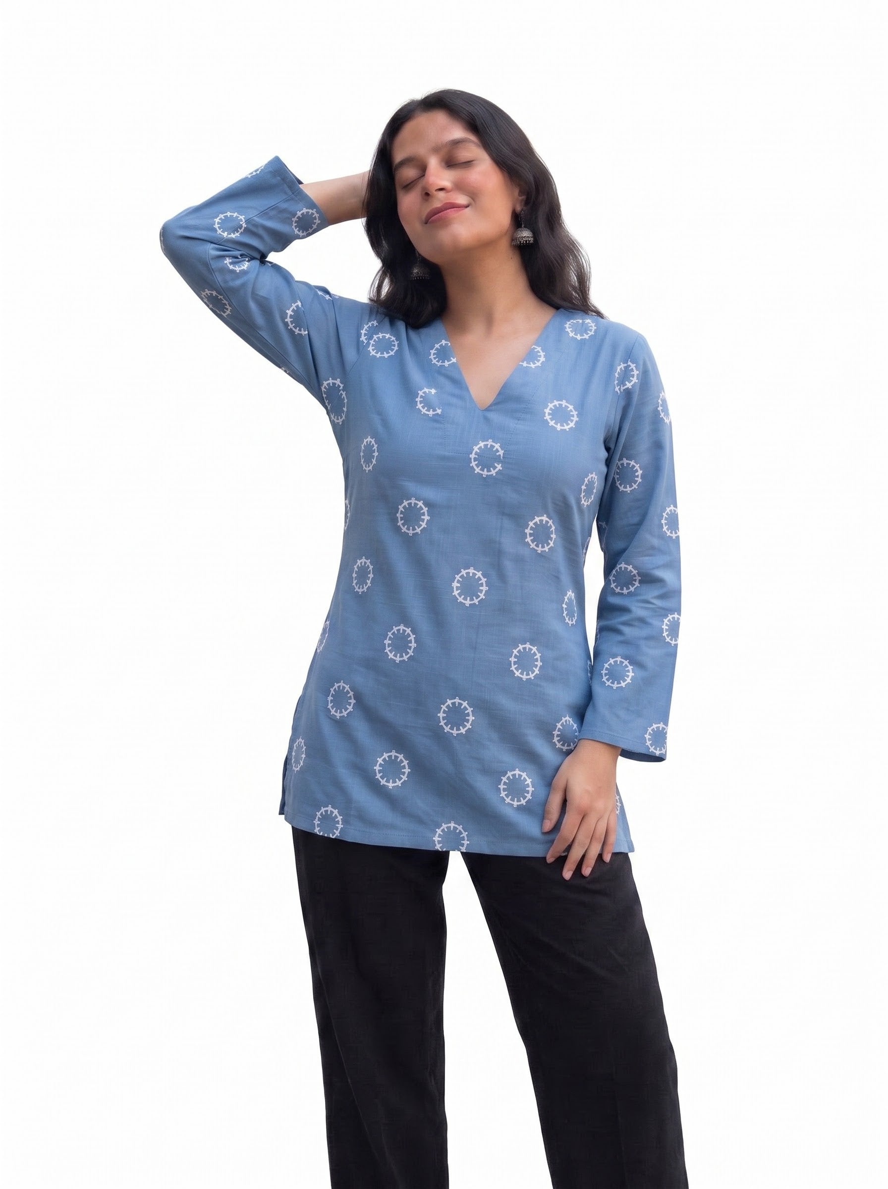 Powder Blue Print V-Neck Side-Slit Short Kurti Top