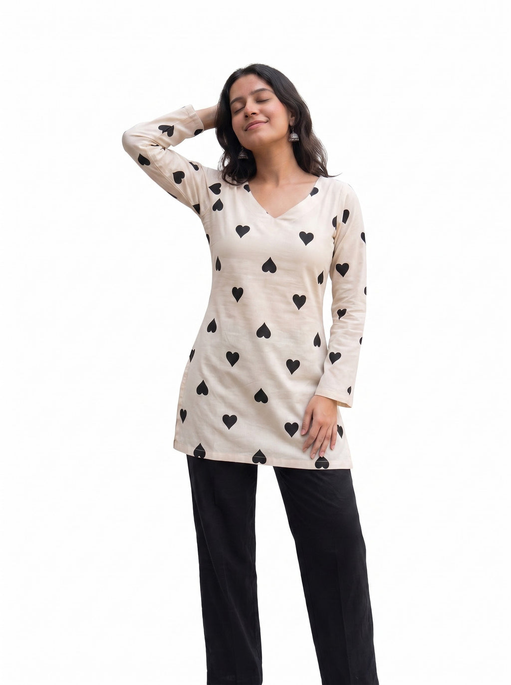 Cream & Black Heart Printed Long Sleeve Short Kurta | Indo-Western Fusion Tunic