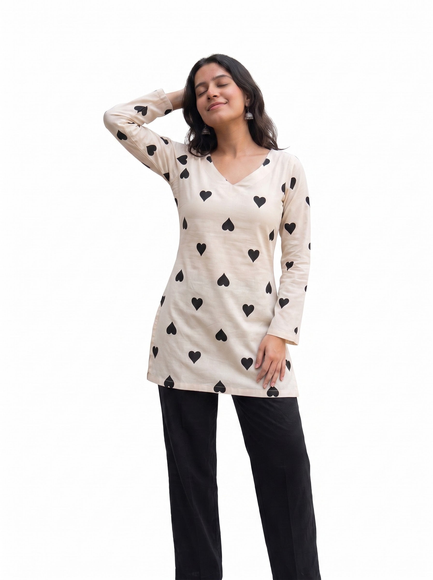 Cream & Black Heart Printed Long Sleeve Short Kurta | Indo-Western Fusion Tunic