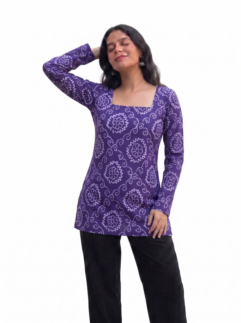 Purple Bandhani Print Cotton Short Kurti with Square Neck & Full Sleeves