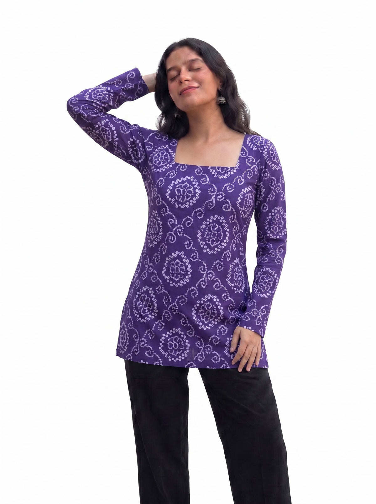 Purple Bandhani Print Cotton Short Kurti with Square Neck & Full Sleeves
