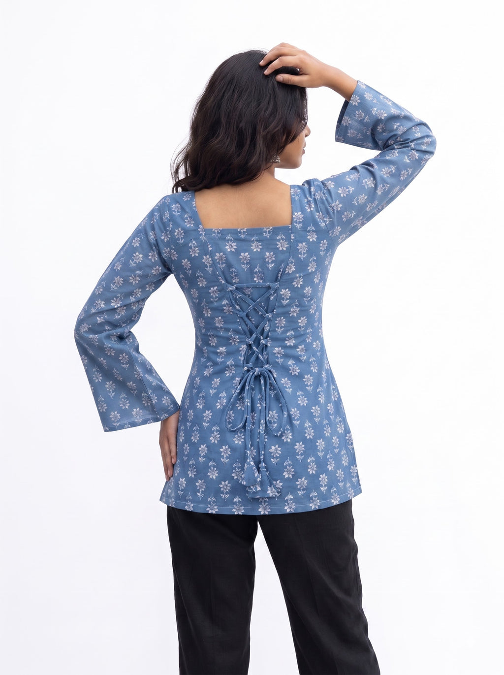 Indigo Blue Floral Print Square Neck Tunic with Lace-Up Corset Back