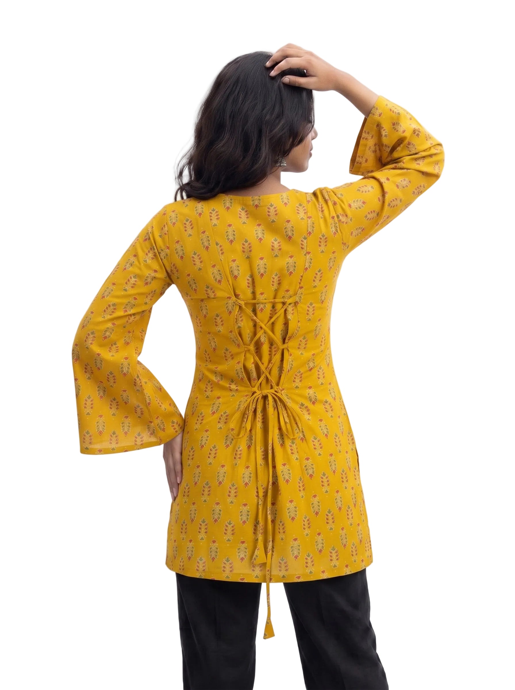 Mustard Yellow Printed Short Kurti with Corset Back Tie & Bell Sleeves
