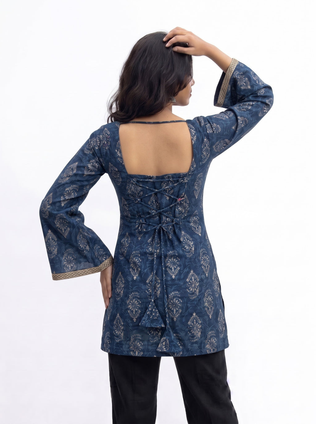 Indigo Blue Block Print Short Kurti with Corset Back Tie & Flared Sleeves