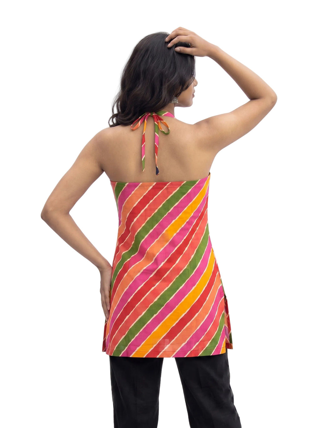 V-Neck Halter Backless Leheriya Short Kurti Top for Women – Indo-Western Ethnic Sleeveless Top