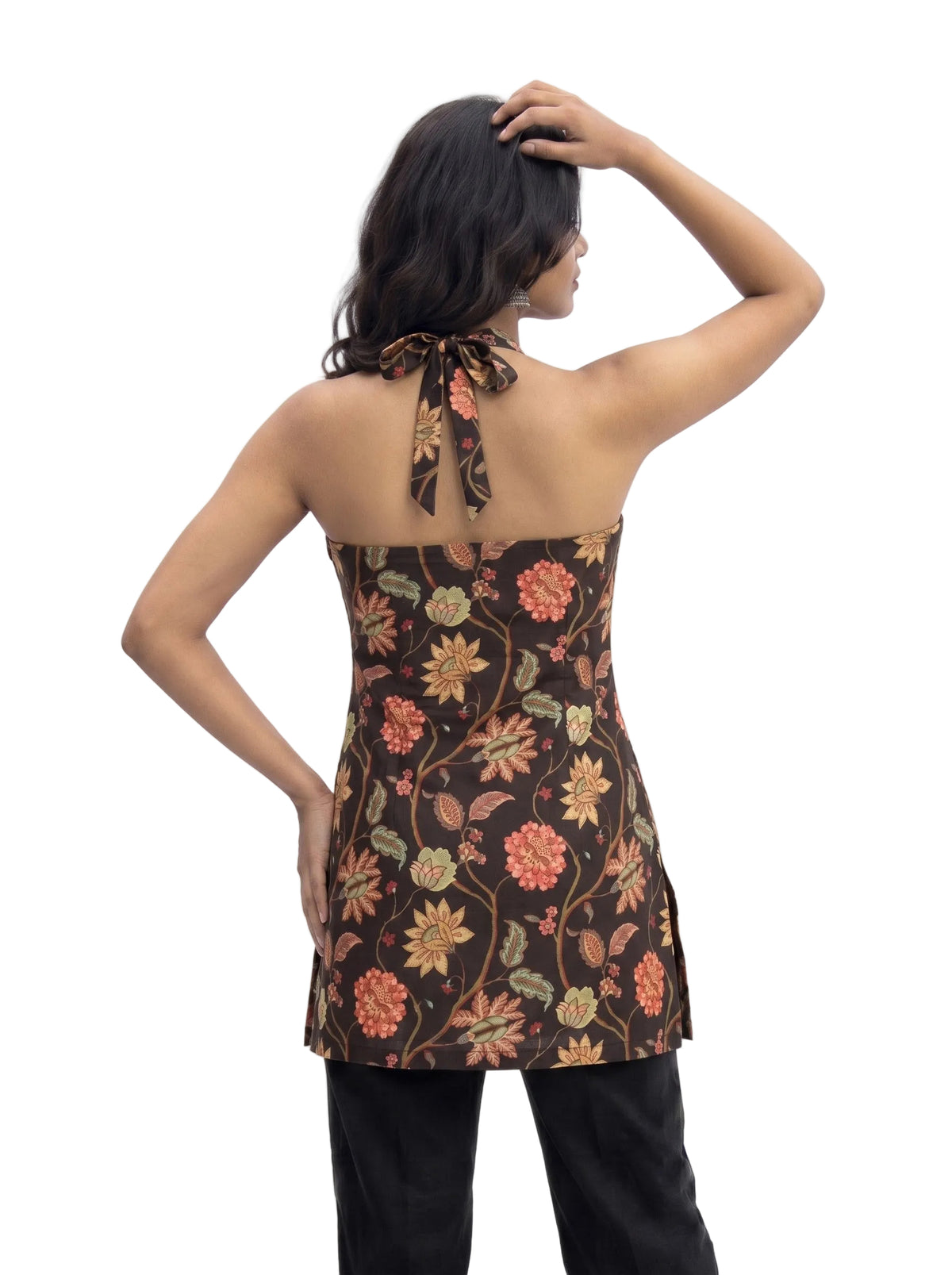 Black Floral Kalamkari Printed Halter Neck Short Kurti Top – Sleeveless Backless Indo-Western Top for Women