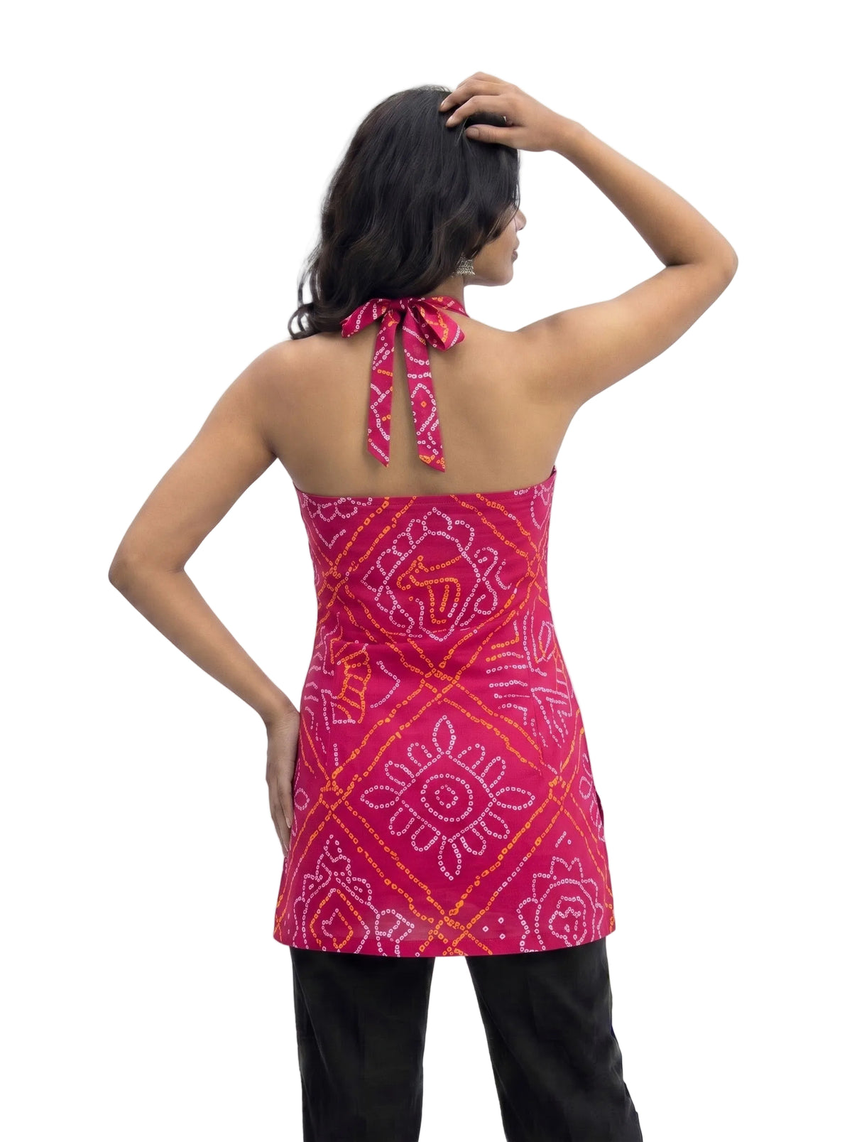 Fuchsia Pink Bandhani Tie-Up Halter Top – Boho Ethnic Fusion Short Kurti