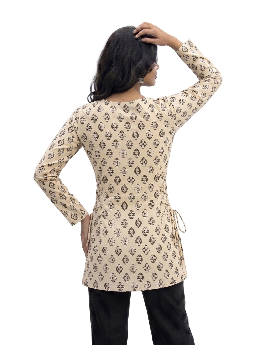 Women's Printed Sweetheart Neck Short Kurti with Side Corset Dori Details