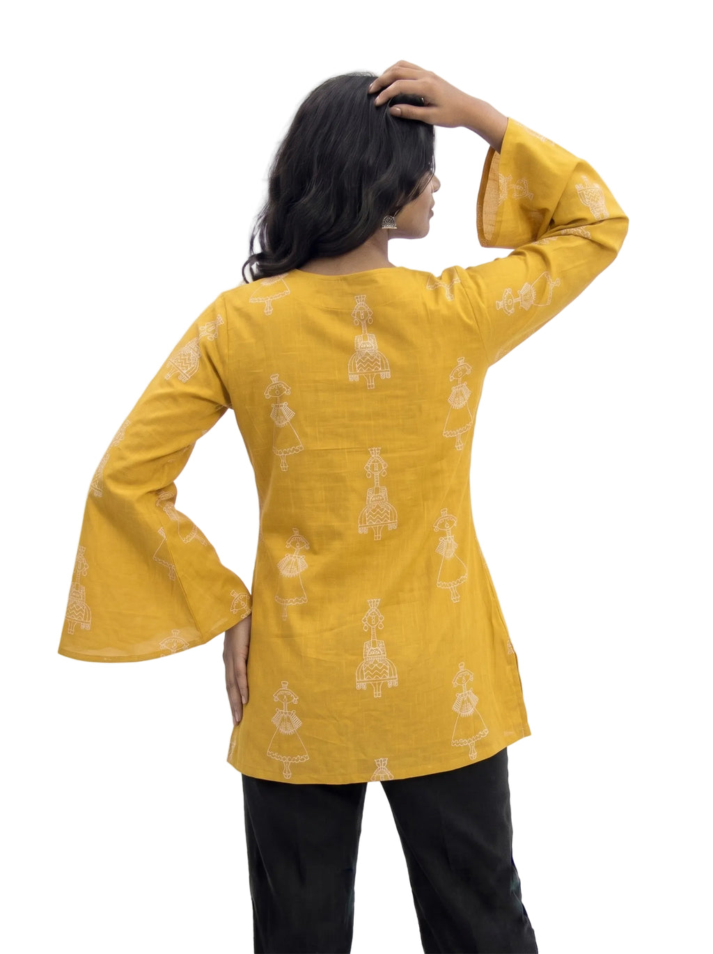 Mustard Yellow Printed Cotton Short Kurti with Bell Sleeves & Side Bow Ties