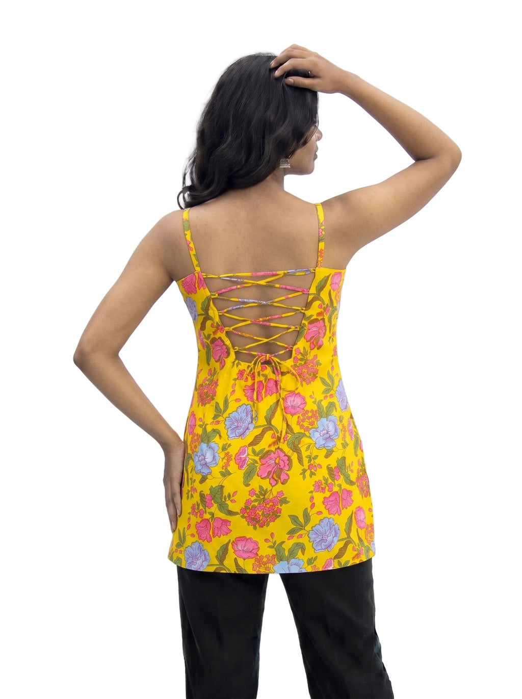 Yellow Floral Spaghetti Strap,padded Short Kurti with Lace-Up Criss-Cross Back