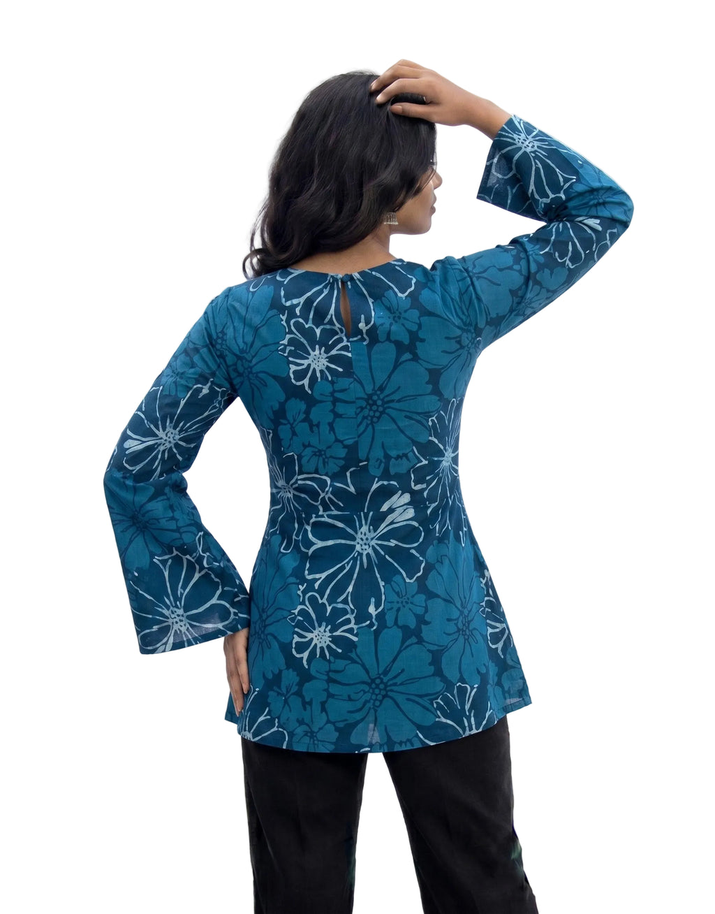Indigo Blue Floral Printed V-Neck Bell Sleeve Cotton Short Kurti Top