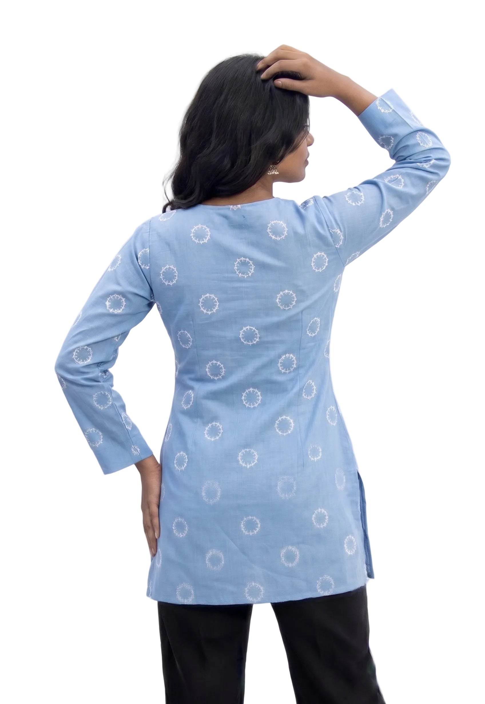 Powder Blue Print V-Neck Side-Slit Short Kurti Top