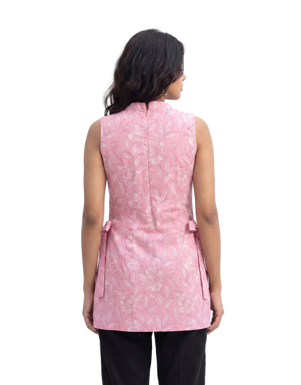 Pink Floral Halter-Neck Side Tie Short Kurti