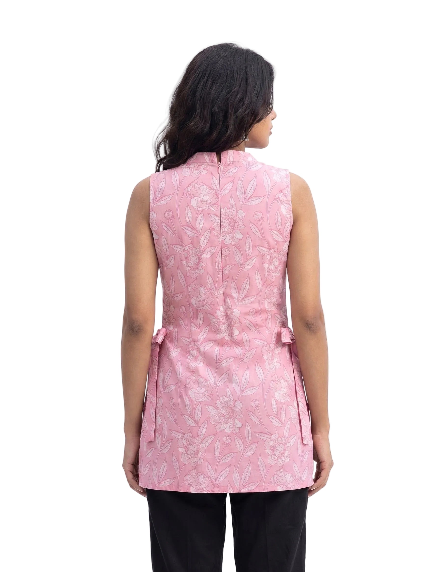Pink Floral Halter-Neck Side Tie Short Kurti